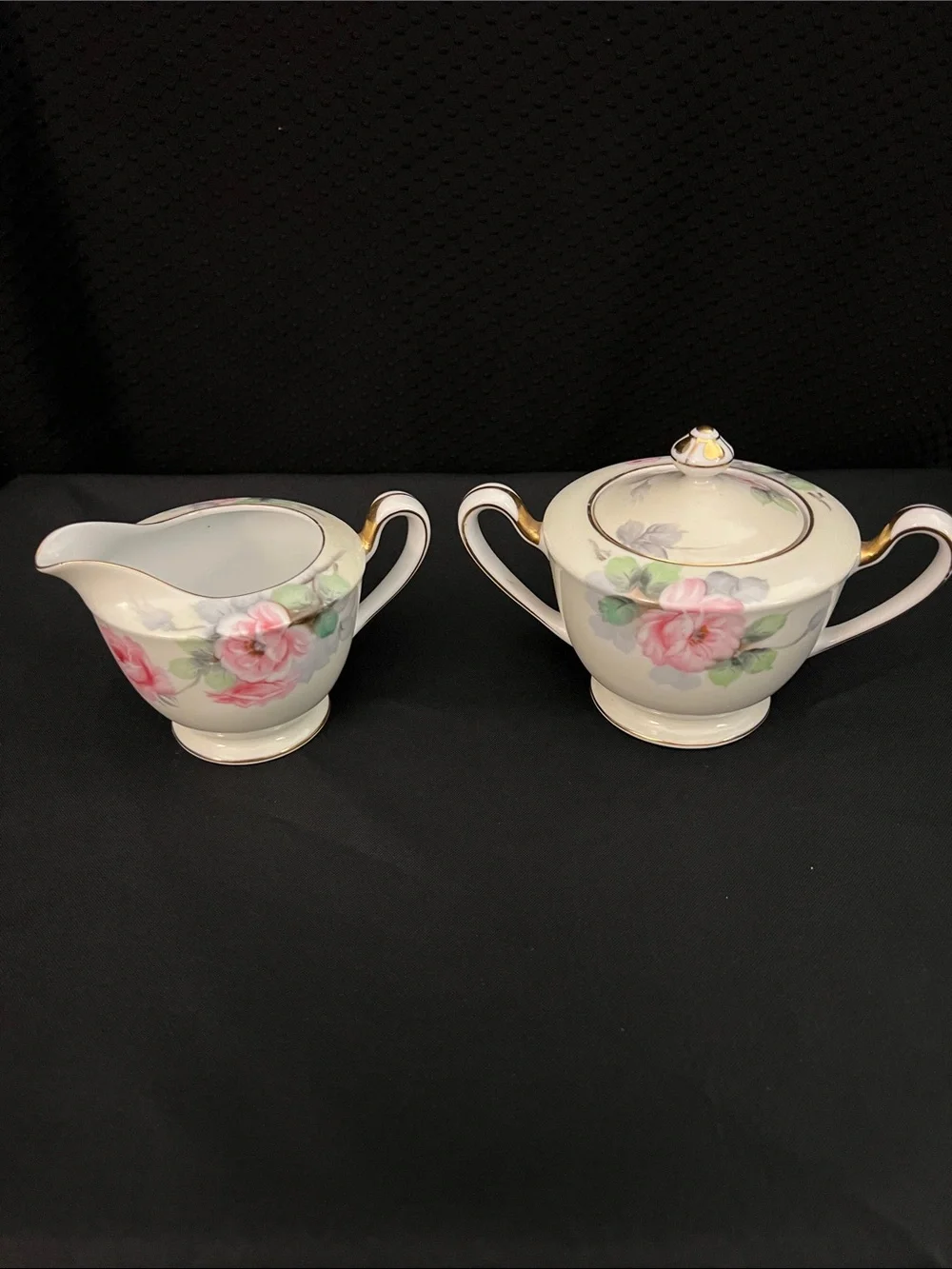 Aichi China Porcelain Sugar and Creamer Set with Gold Trim - Pink Roses